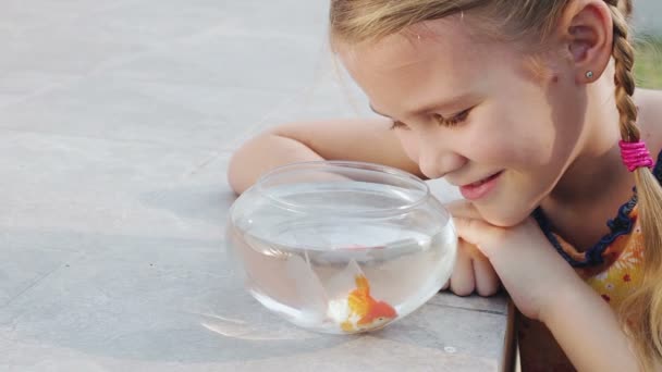 Glückliches Kleines Nettes Mädchen Das Goldfische Aquarium Zur Tageszeit Betrachtet — Stockvideo