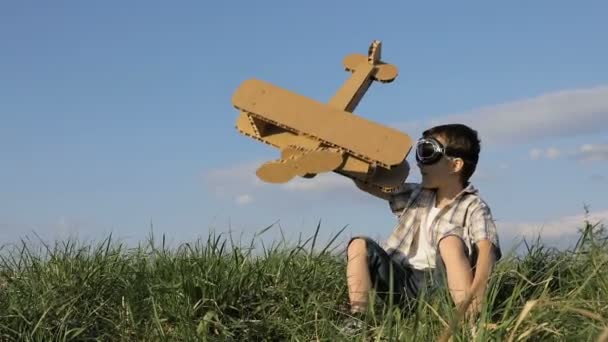 Kleine Jongen Die Overdag Met Een Kartonnen Speelgoedvliegtuigje Het Park — Stockvideo