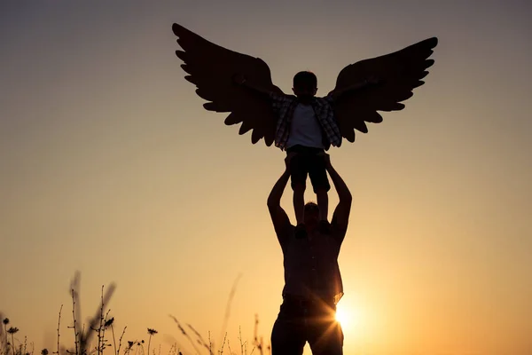 Baba Oğul Günbatımı Anda Parkta Oynamak Nsanlar Sahada Eğleniyor Kavram — Stok fotoğraf