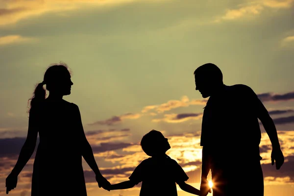 Ευτυχισμένη Οικογένεια Στέκεται Στο Πάρκο Την Ώρα Του Ηλιοβασιλέματος Άνθρωποι — Φωτογραφία Αρχείου