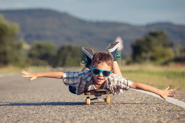 Happy Little Boy Playing Road Day Time Kid Having Fun — Stock Photo, Image