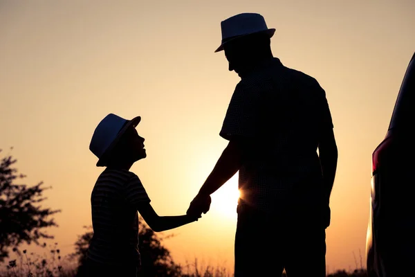 Padre Hijo Jugando Parque Atardecer Gente Divirtiéndose Campo Concepto Familia —  Fotos de Stock