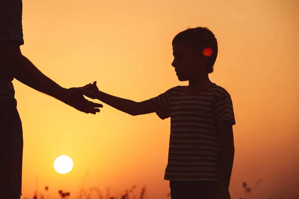 Baba Oğul Günbatımı Anda Parkta Oynamak Nsanlar Sahada Eğleniyor Kavram — Stok fotoğraf