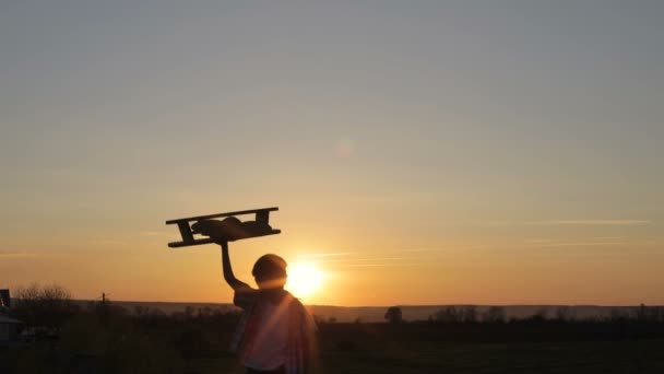 夕暮れ時に公園で段ボールおもちゃの飛行機で遊んでいる男の子 幸せなゲームの概念 屋外で楽しんでいる子供 — ストック動画