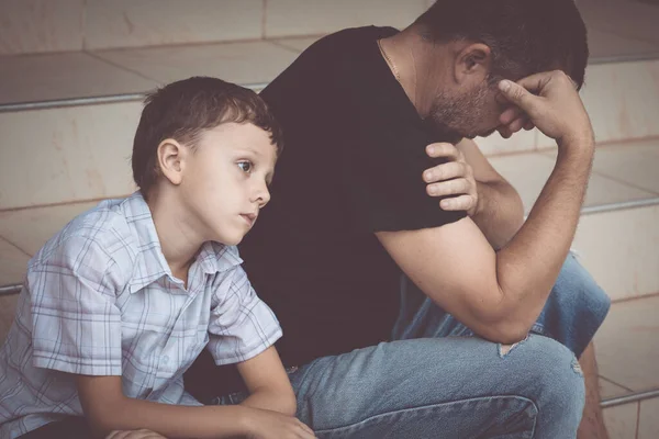 Portrait Young Sad Little Boy Father Sitting Outdoors Day Time — Stock Photo, Image