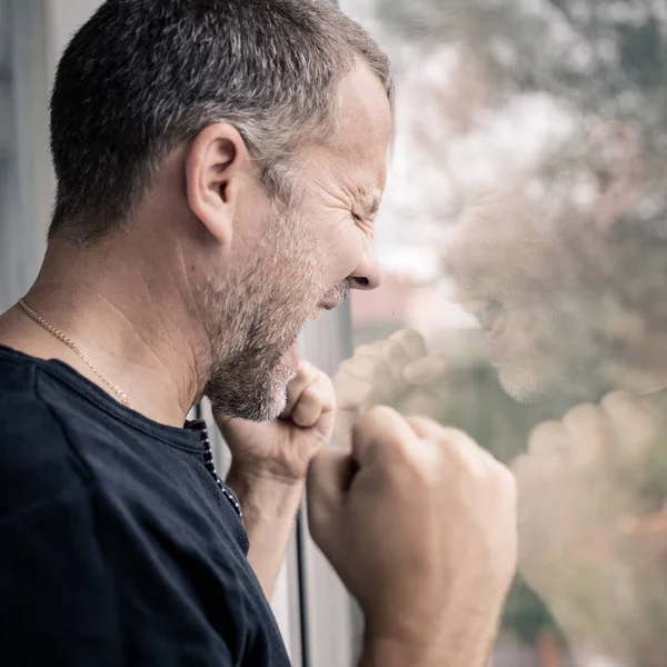 Portrait One Sad Man Standing Window Day — Stock Photo, Image