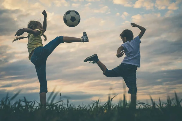 Happy Young Little Boy Girl Playing Field Soccer Ball Kids — Stock Photo, Image