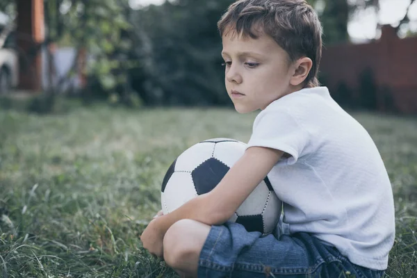 Young Little Boy Standing Soccer Ball Concept Sport — Stock Photo, Image