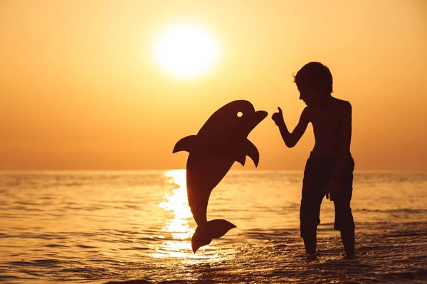Niño Feliz Parado Playa Atardecer Está Jugando Con Delfín Cartón — Foto de Stock