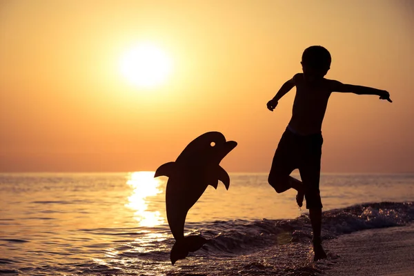 Niño Feliz Corriendo Por Playa Atardecer Está Jugando Con Delfín —  Fotos de Stock