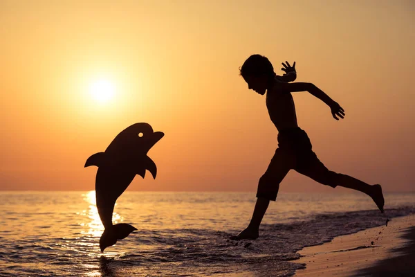 夕日の時間にビーチを走っている幸せな少年が一人います 彼は段ボールイルカと遊んでいる 子供は屋外で楽しんでいる 夏休みの概念 — ストック写真