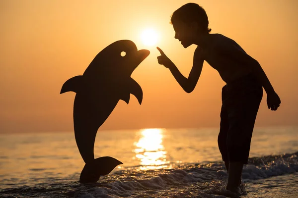 Niño Feliz Parado Playa Atardecer Está Jugando Con Delfín Cartón — Foto de Stock