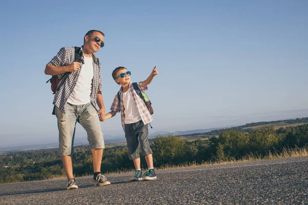 Father Son Standing Road Day Time Concept Tourism Royalty Free Stock Photos