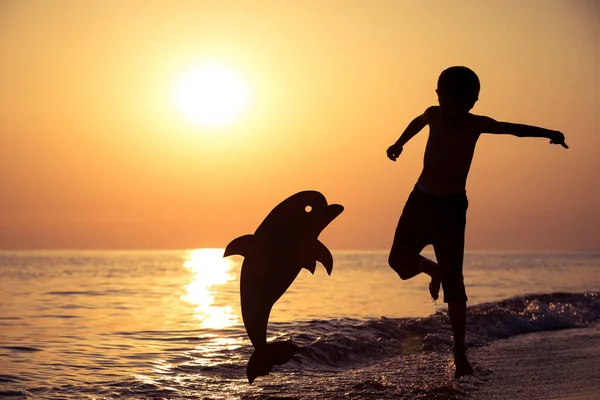 夕日の時間にビーチを走っている幸せな少年が一人います 彼は段ボールイルカと遊んでいる 子供は屋外で楽しんでいる 夏休みの概念 ストックフォト
