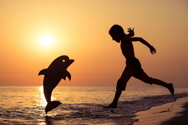 夕日の時間にビーチを走っている幸せな少年が一人います 彼は段ボールイルカと遊んでいる 子供は屋外で楽しんでいる 夏休みの概念 ストック写真