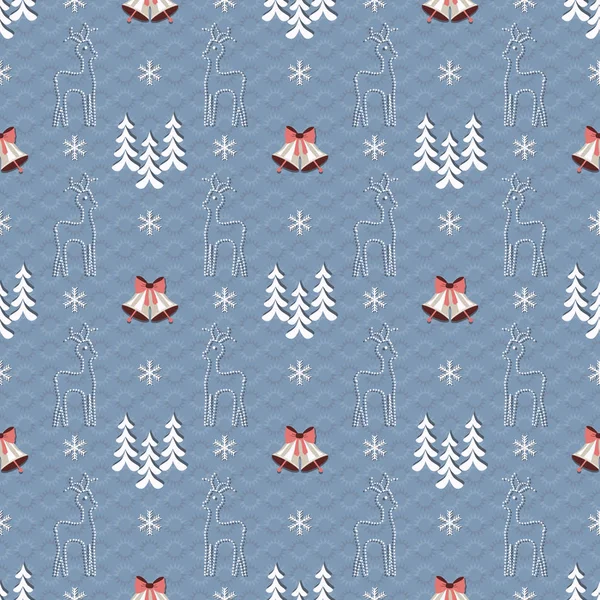 Nahtlose Vektorillustration des Weihnachtshintergrundes. Glocken, Rentiere, Weihnachtsbäume, Schneeflocken — Stockvektor