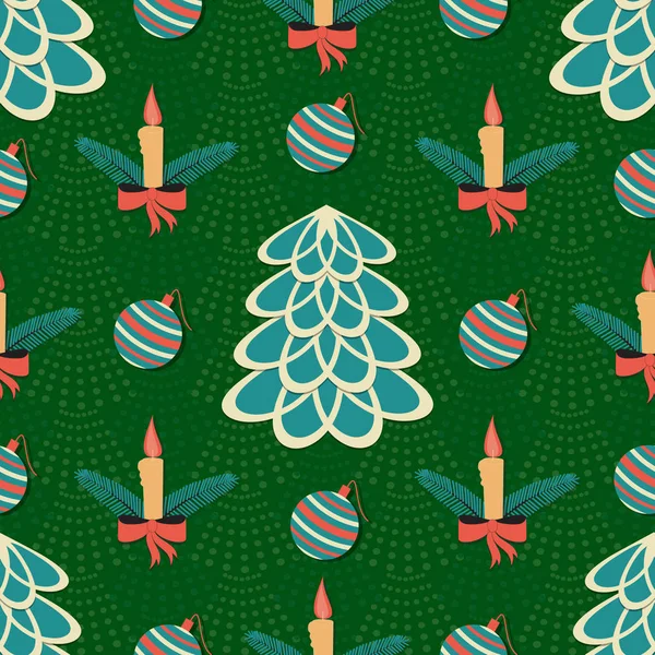 Ilustración vectorial sin fisuras de fondo de Navidad. Árbol de Navidad, velas, campanas de Navidad . — Vector de stock