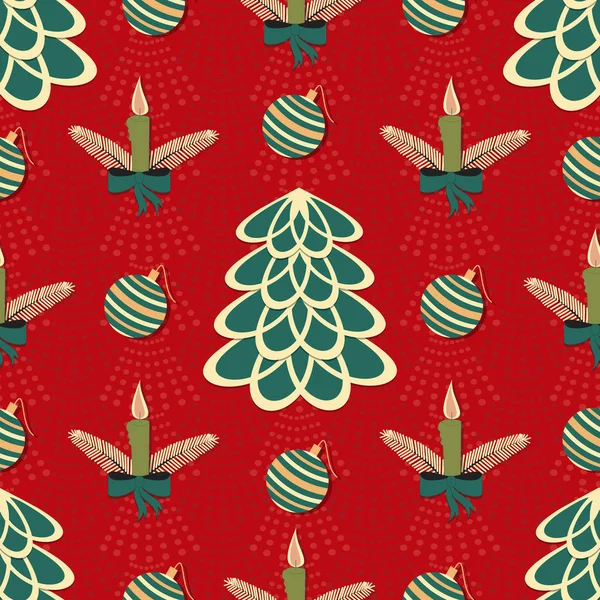 Ilustración vectorial sin fisuras de fondo de Navidad. Árbol de Navidad, velas, bolas de Navidad — Archivo Imágenes Vectoriales