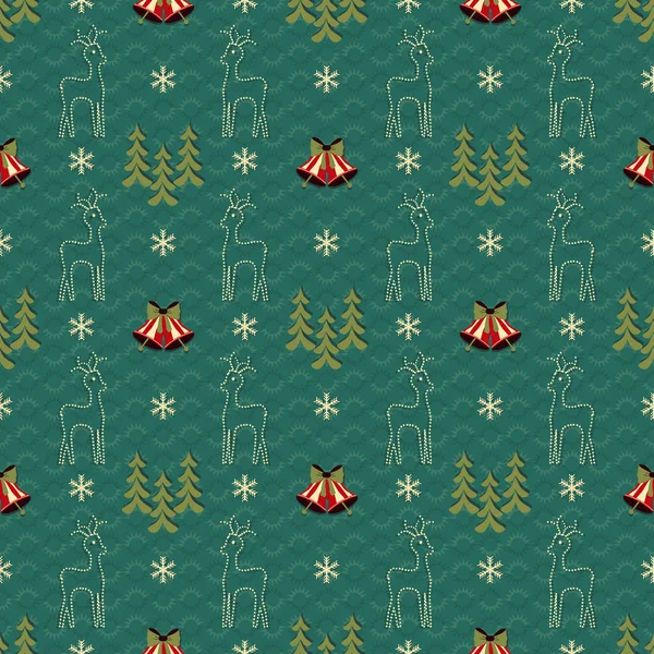 Бесшовная векторная иллюстрация рождественского фона. Колокола, олени, елки, снежинки — стоковый вектор