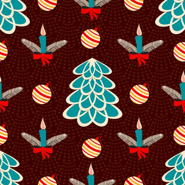 Nahtlose Vektorillustration des Weihnachtshintergrundes. Weihnachtsbaum, Kerzen, Weihnachtskugeln. — Stockvektor