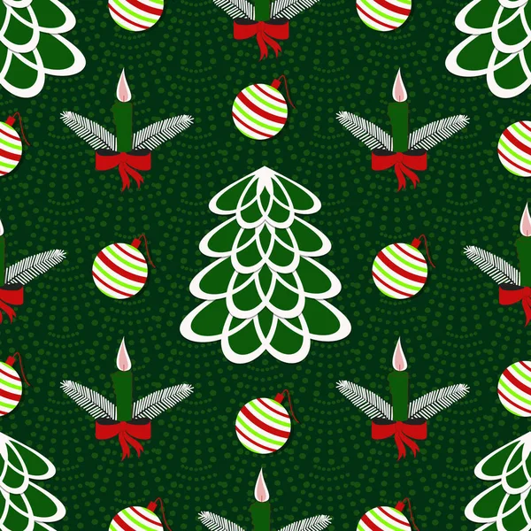 Illustration vectorielle sans couture du fond de Noël. Arbre de Noël, bougies, cloches de Noël . — Image vectorielle