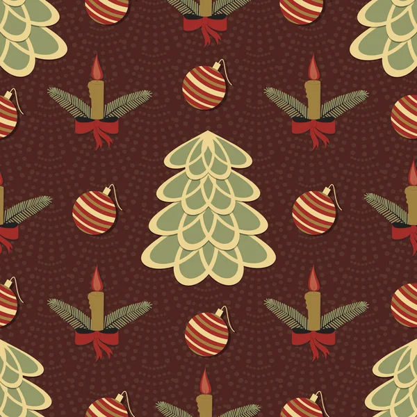 Naadloze vectorillustratie van Kerstmis achtergrond. Kaarsen, kerstboom, kerstballen. — Stockvector