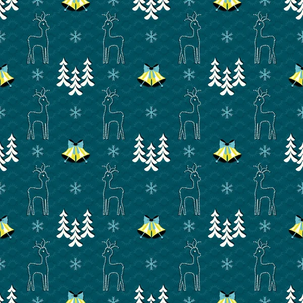 Ilustración vectorial sin fisuras de fondo de Navidad. Campanas, renos, árboles de Navidad, copos de nieve — Vector de stock