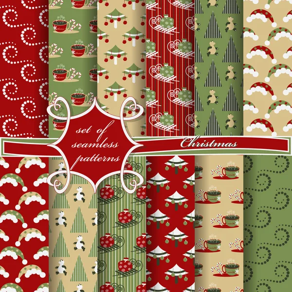 Set von Weihnachten nahtlose Vektor-Illustration. Weihnachtssymbole, Weihnachtsmuster — Stockvektor