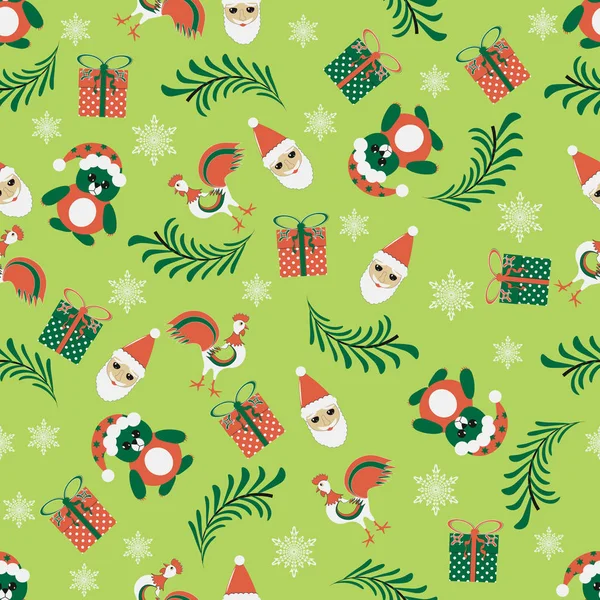 Seamless vector Christmas illustration with Christmas symbols. Christmas tree, cock, bear,   snowflakes, gift box, Santa Claus — Stock Vector