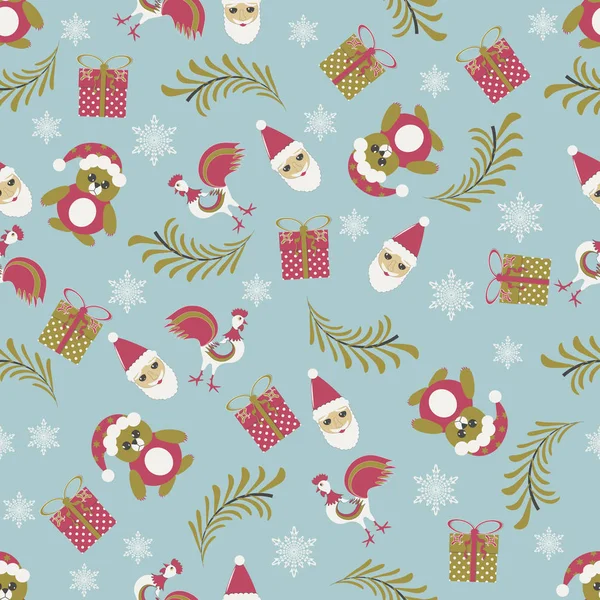 Nahtlose Vektor-Weihnachtsillustration mit Weihnachtssymbolen. Weihnachtsbaum, Hahn, Bär, Schneeflocken, Geschenkbox, Weihnachtsmann — Stockvektor