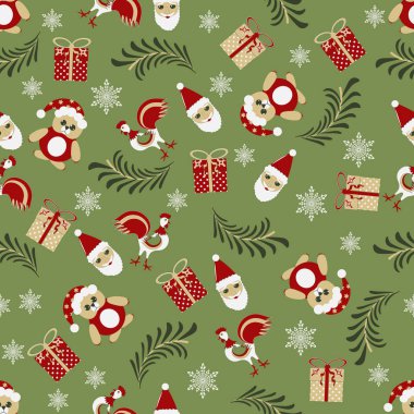 Sorunsuz vektör Christmas illüstrasyon Noel simgeleri ile. Noel ağacı, horoz, ayı, kar taneleri, hediye kutusu, Noel Baba