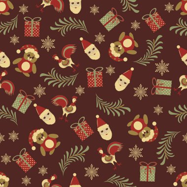 Sorunsuz vektör Christmas illüstrasyon Noel simgeleri ile. Noel ağacı, horoz, ayı, kar taneleri, hediye kutusu, Noel Baba