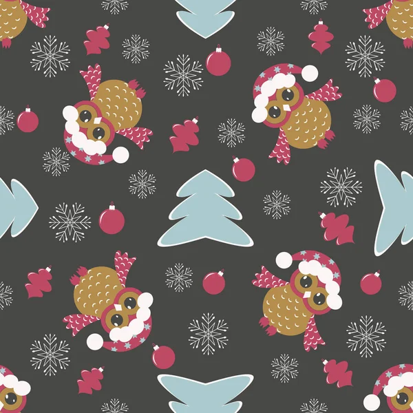 Nahtlose Vektorillustration von Weihnachten. Weihnachtsbaum, Eulen, Schneeflocken — Stockvektor