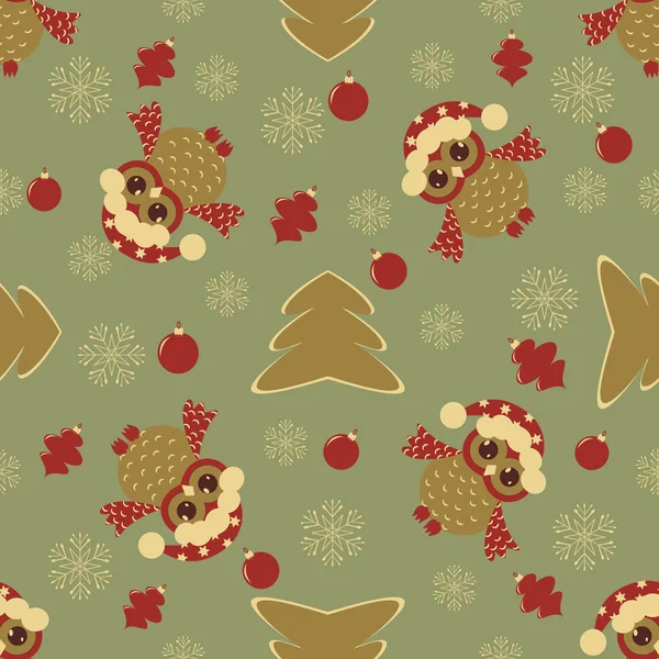 Bezešvá vektorová ilustrace Vánoc. Vánoční strom, sovy, sněhové vločky — Stockový vektor