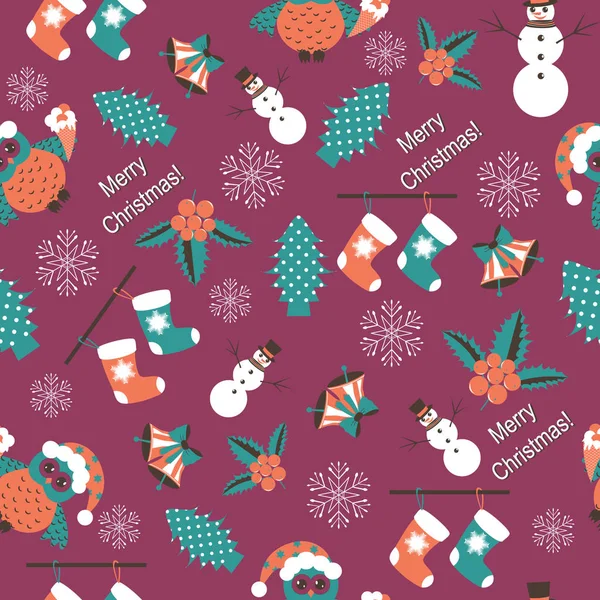Seamless vector Christmas illustration with Christmas symbols. Christmas tree, snowflakes, snowman — Stock Vector