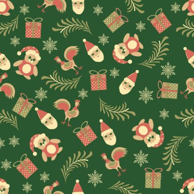 Sorunsuz vektör Christmas illüstrasyon Noel simgeleri ile. Noel ağacı, horoz, ayı, kar taneleri, hediye kutusu, Noel Baba