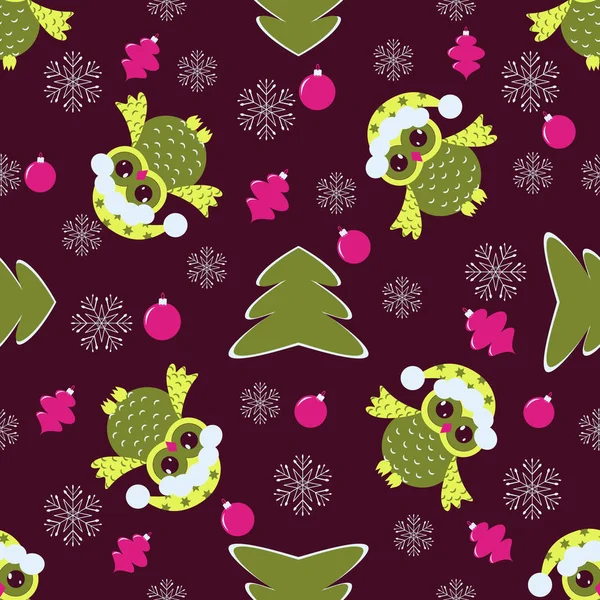 Seamless vector illustration of Christmas. Christmas tree, owls, snowflakes — Stock Vector