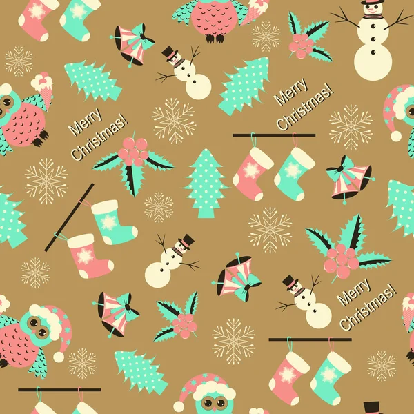 Seamless vector Christmas illustration with Christmas symbols. Christmas tree, snowflakes, snowman — Stock Vector