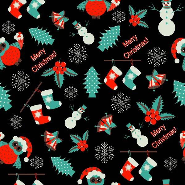 Nahtlose Vektor-Weihnachtsillustration mit Weihnachtssymbolen. Weihnachtsbaum, Schneeflocken, Schneemann — Stockvektor