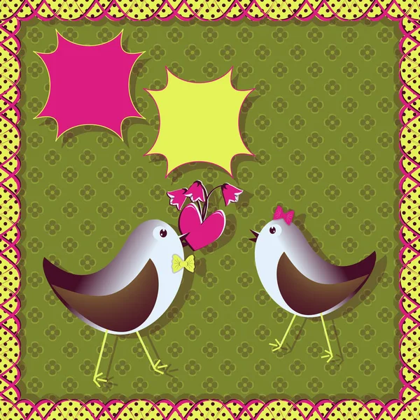 Vektör çizim. Tebrik kartı Sevgililer günü. Kuşlar kalp — Stok Vektör
