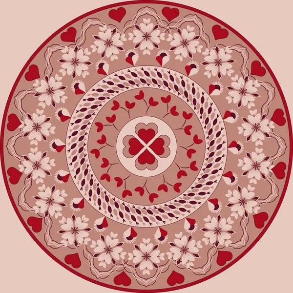 Modello circolare vettoriale per San Valentino. Mandala con cuori, fiori decorativi — Vettoriale Stock