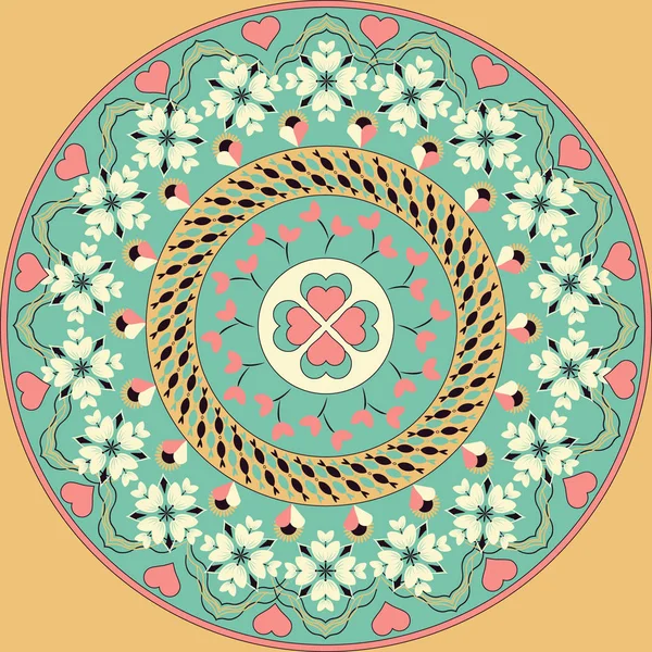 Patrón circular vectorial para el Día de San Valentín. Mandala con corazones, flores decorativas — Vector de stock