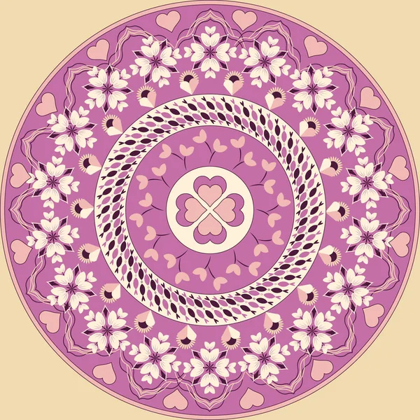 Patrón circular vectorial para el Día de San Valentín. Mandala con corazones, flores decorativas — Archivo Imágenes Vectoriales