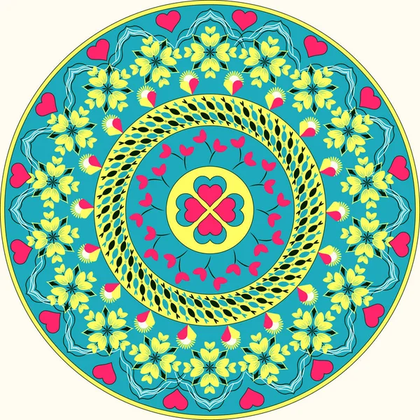 Vector circular pattern for Valentine's Day. Mandala with hearts, decorative flowers — Stock Vector