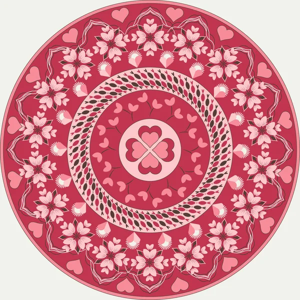 Patrón circular vectorial para el Día de San Valentín. Mandala con corazones, flores decorativas — Vector de stock