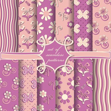 Sorunsuz vektör çizimler kümesi. Soyut kelebekler ve dekoratif çiçek