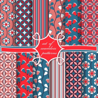 Sorunsuz vektör çizimler kümesi. Soyut şekiller ve dekoratif çiçek