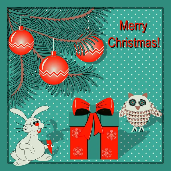 Cartão de Natal do Vetor. Árvore de Natal, bolas, personagens de desenhos animados — Vetor de Stock