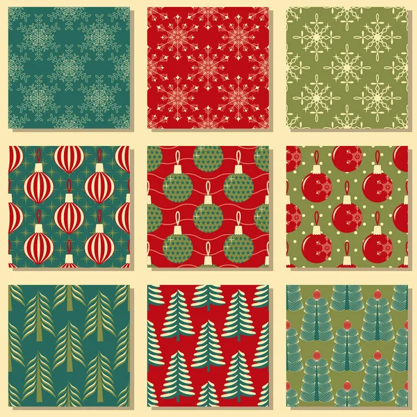 Reihe nahtloser Weihnachtsillustrationen. abstraktes Vektorpapier mit weihnachtlichen Symbolen und Gestaltungselementen für Sammelalbum — Stockvektor