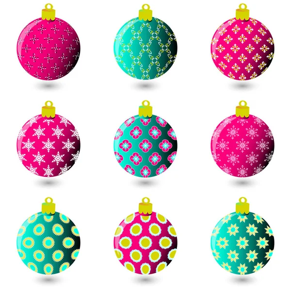 Vektor-Set aus abstrakten dekorativ gemusterten grünen und rosa Weihnachtskugeln — Stockvektor